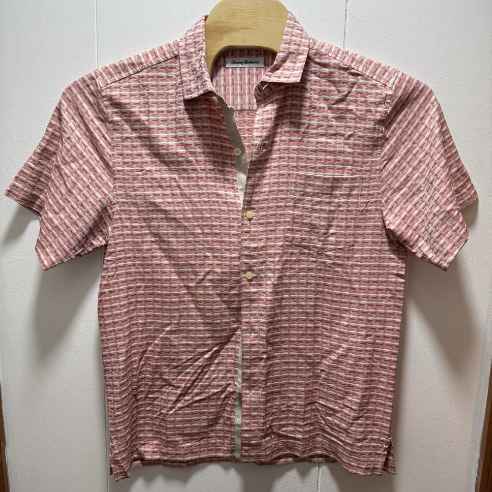 Tommy Bahama Shirt Mens Size‎ Medium Pink 100% Silk Pocket Short Sleeve Button